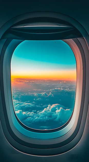 Enjoy a breathtaking airplane window view during sunset with a stunning backdrop of clouds in the