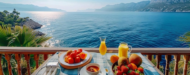 Enjoy a delicious breakfast with stunning Mediterranean sea views Fresh fruits orange juice and coffee are the perfect way to start your day