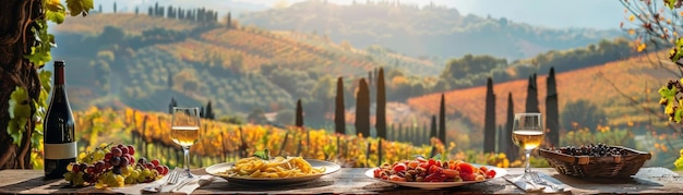 Enjoy a delicious Italian meal with wine in the beautiful countryside The sun is setting over the vineyards and the air is filled with the scent of rosemary and lavender