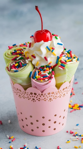 Photo enjoy a festive rolled ice cream treat topped with whipped cream colorful sprinkles and a cherry on