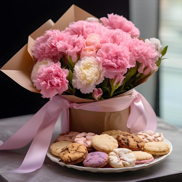 Enjoy gourmet cookies and bouquet of carnations