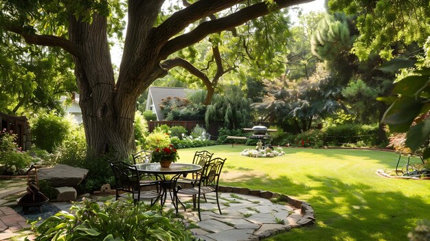 Photo enjoy a peaceful backyard setting with a table and chairs shaded by a majestic tree creating a perfe