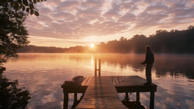 Enjoy a serene moment watching the tranquil sunset silhouette on a peaceful lake dock AIG62