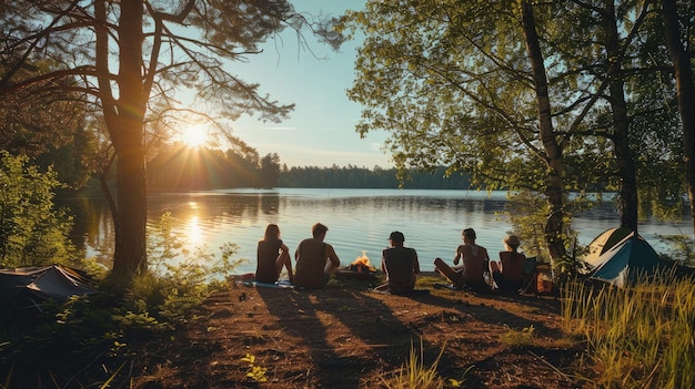 Photo enjoy a tranquil lakeside camping experience in the serene misty morning atmosphere aig62