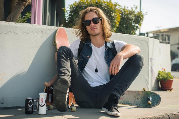 Photo enjoying the day hipster sitting next to a longboard