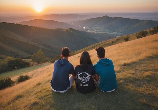 Photo enjoying free time in winter sun set top of hill