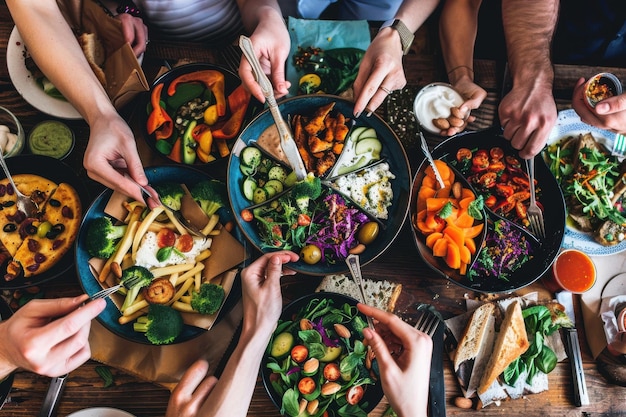 Photo enjoying lunch with friends happy people sharing their healthy lunch