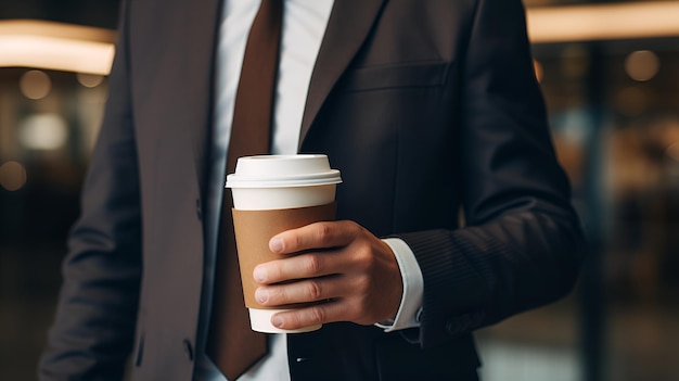 Enjoying a Morning Boost Businessman in Suit with Coffee Cup