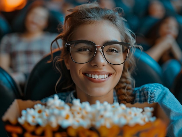 Photo enjoying movie night with friends while eating popcorn in a cozy theater setting