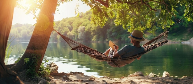 Photo enjoying a peaceful moment in a hammock by a beautiful lake with a breathtaking mountain view aig