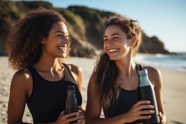 Enjoying Summer Fitness Two Women Laughing and Holding Hands Generative Ai