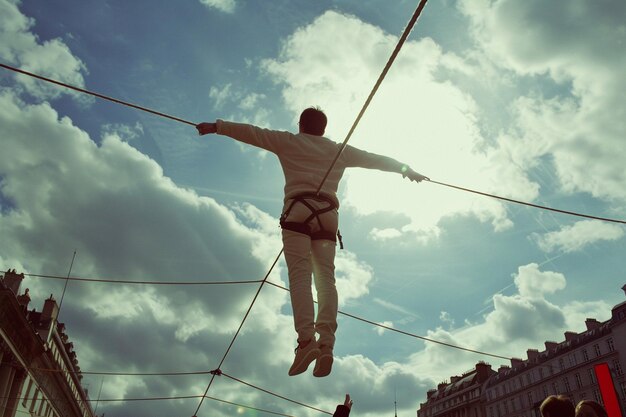 Photo enjoying the thrill of tightrope walki performance generative ai