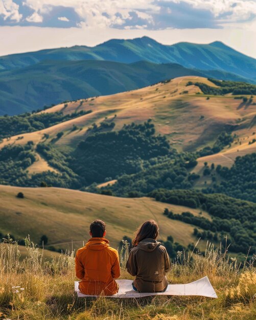 Photo enjoying a tranquil afternoon view from a hillside blanket in the mountains during summer