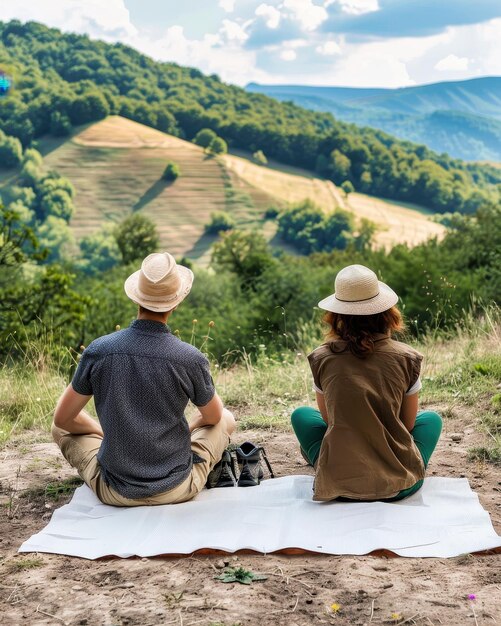 Photo enjoying a tranquil afternoon view from a hillside blanket in the mountains during summer