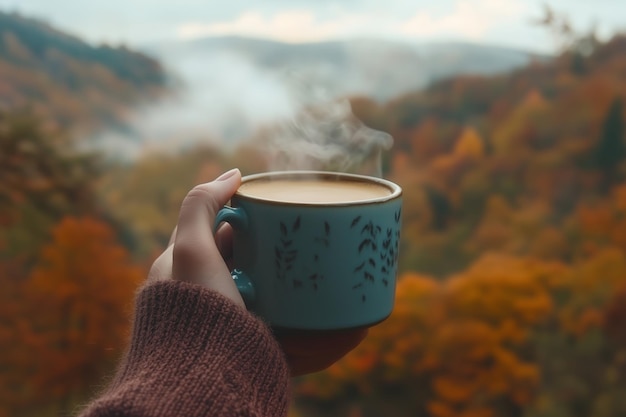 Enjoying warm coffee while overlooking a vibrant autumn landscape with misty mountains in the background during a cool morning