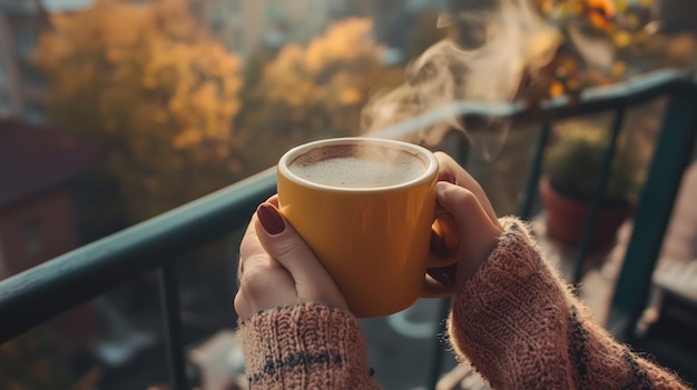 Photo enjoying a warm cup of coffee on a cool autumn morning from a balcony surrounded by colorful leaves