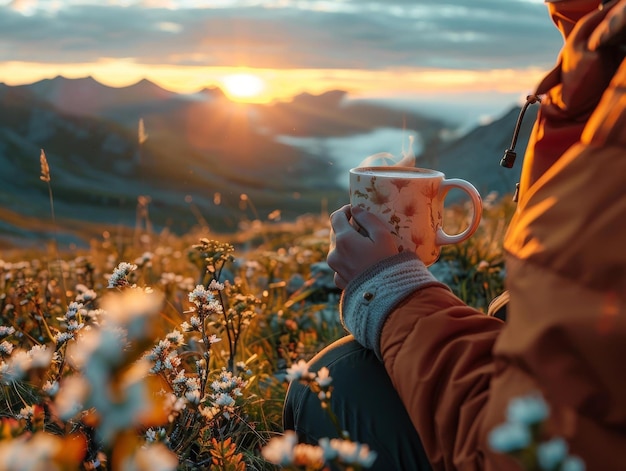 Photo enjoying a warm cup of coffee in the mountains