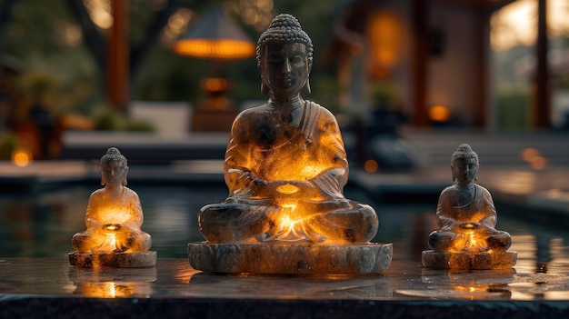 Enlightened Buddha Statues Glowing in Tranquil Setting