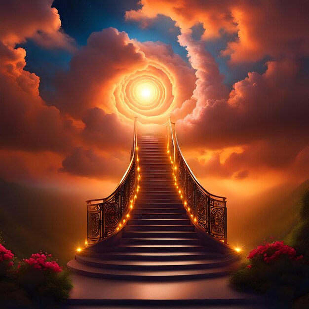 Photo enlightened journey glowing stairway climbing through clouds towards transcendence