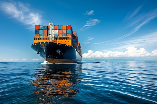 Photo enormous container ship sails across the vast ocean waters