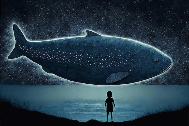 Enormous fish levitating in nocturnal heavens over small child Fantasy concept Illustration painting Generative AI