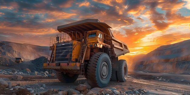 Photo enormous mining truck displayed against dramatic sky emphasizing industrial nature concept industrial mining truck sky dramatic