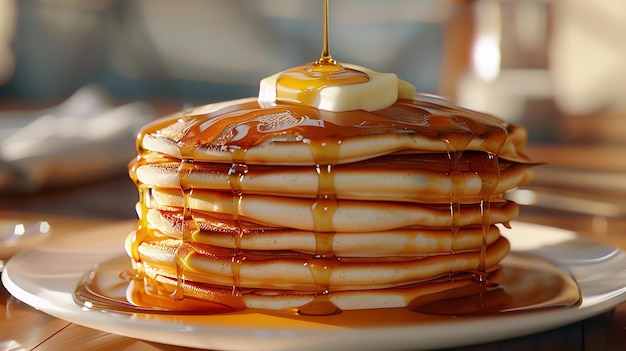 Photo enormous pancake stack drenched with butter and maple syrup generative ai