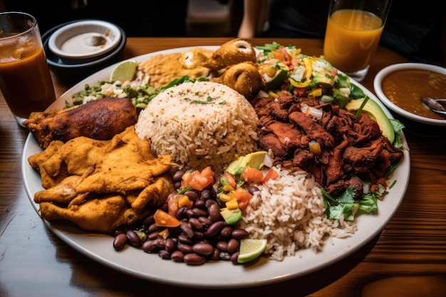 Enormous plate of food overflowing with rice and beans chicken and fish