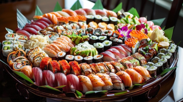 Photo enormous sushi platter behold a colossal sushi platter overflowing with a variety of delicacies from sashimi to maki rolls a feast fit for a grand celebration