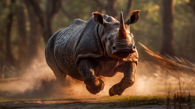 An enraged Indian rhinoceros storms in a display of dominance Generative AI