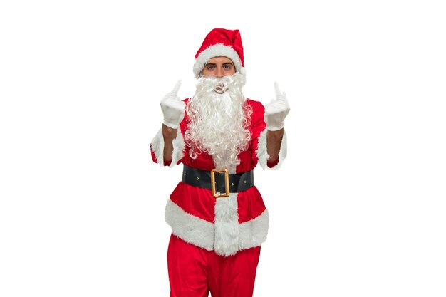 Photo enraged santa claus giving the finger gesture to the camera white background