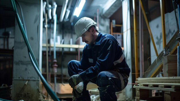 Ensuring Safety Plumber in Dark Blue Attire and White Hard Hat Supervising Construction