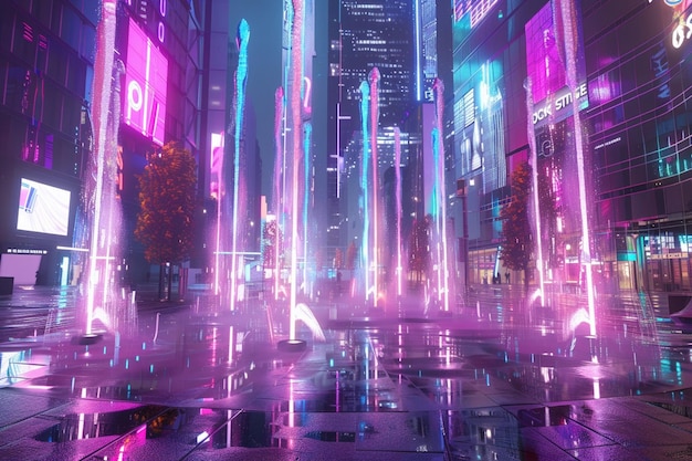 Enter an electrifying urban plaza where holographi generative ai