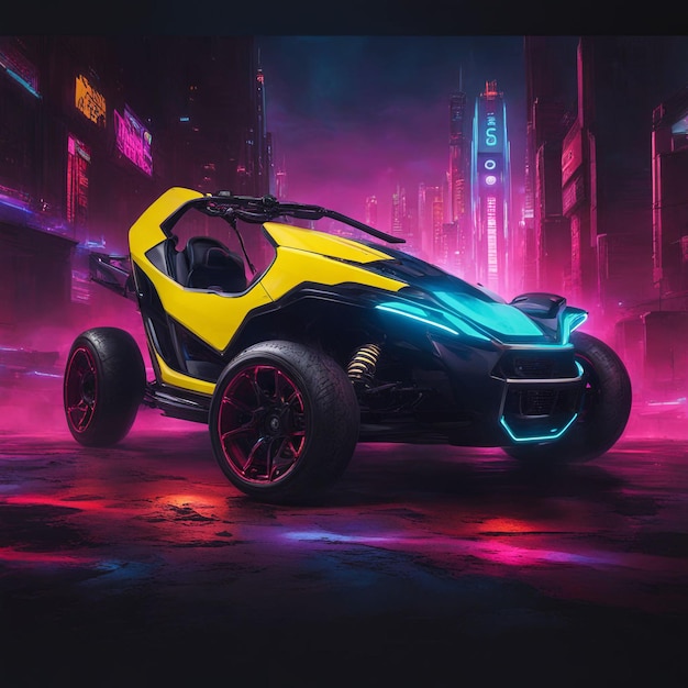 Enter a futuristic realm with a Cyberpunk 2060inspired gokart exuding cute aesthetics adorned