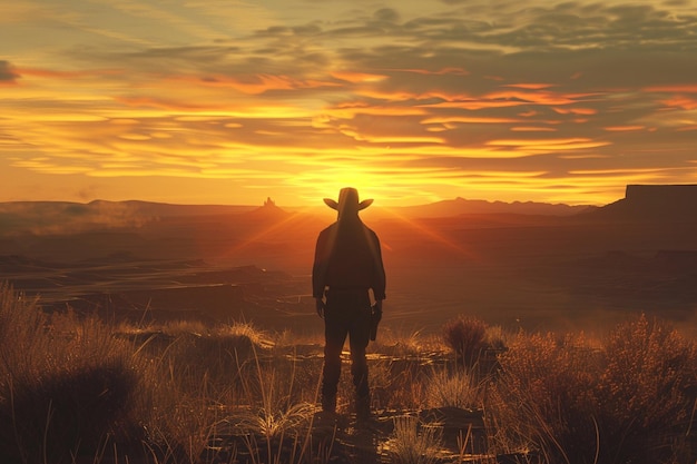 Enter the solitary world of a cowboy his silhouett generative ai