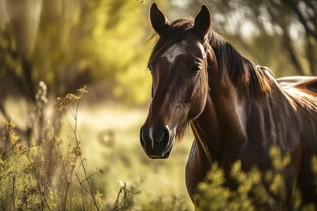 Entertaining horse grazing in a field