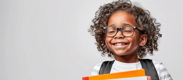 Enthusiastic African American child with glasses and textbooks clear setting