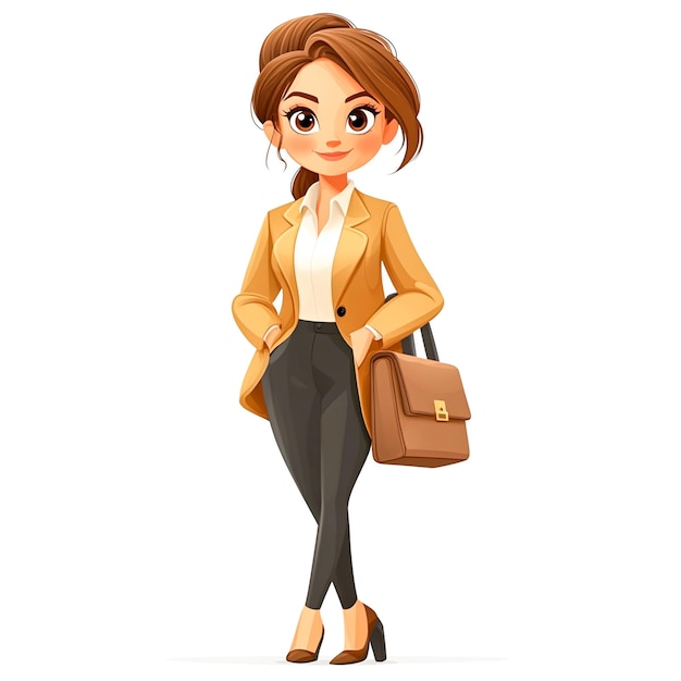 Photo enthusiastic businesswoman cartoon character with briefcase vector illustration on white background