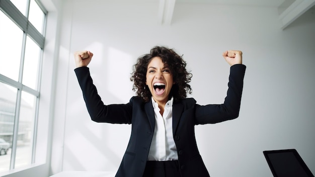 An enthusiastic businesswoman with arms raised in office pure white background photography medium