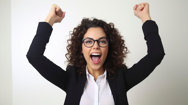 An enthusiastic businesswoman with arms raised in office pure white background photography medium