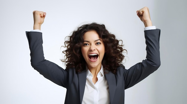 An enthusiastic businesswoman with arms raised in office pure white background photography medium