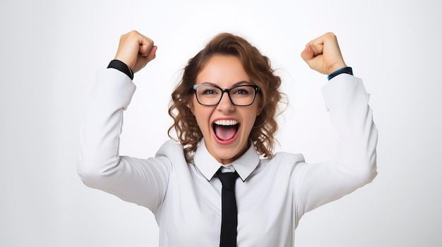 An enthusiastic businesswoman with arms raised in office pure white background photography medium