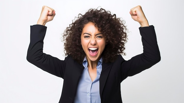 An enthusiastic businesswoman with arms raised in office pure white background photography medium