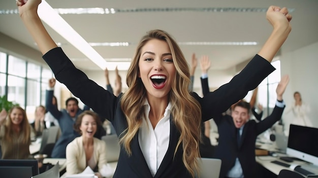 An enthusiastic businesswoman with arms raised in office pure white background photography medium