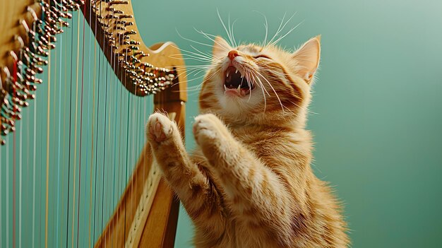 Photo an enthusiastic cat serenades with a harp bringing joy and whimsy to the musical scene today