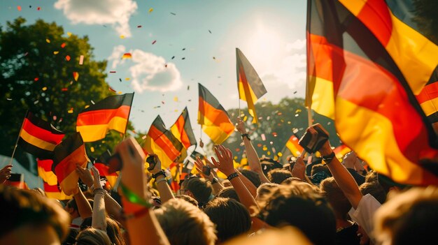 Enthusiastic Crowd Waving German Flags