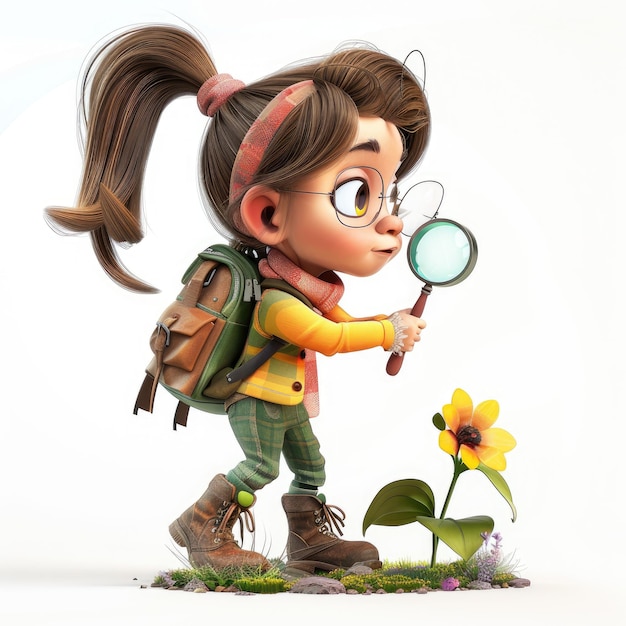 Enthusiastic Exploration 3D Character Girl Curiously Examines Flower with Magnifying Glass