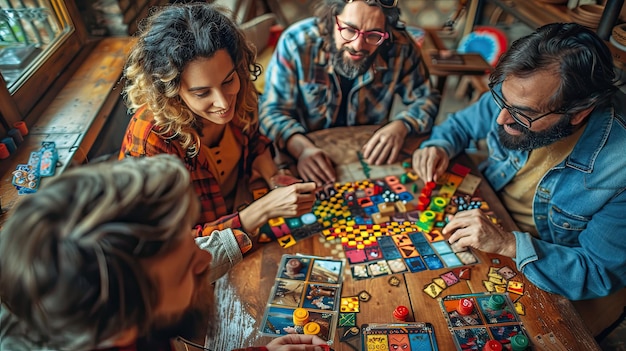 Photo enthusiastic friends engaged in exciting board game fun