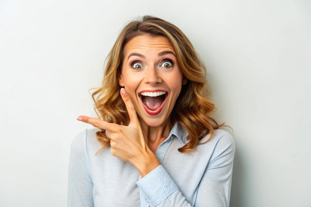 Enthusiastic joyful surprised woman introduce incredible offer