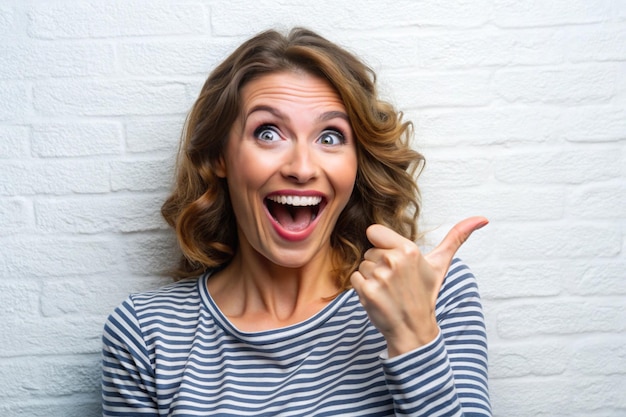 Photo enthusiastic joyful surprised woman introduce incredible offer